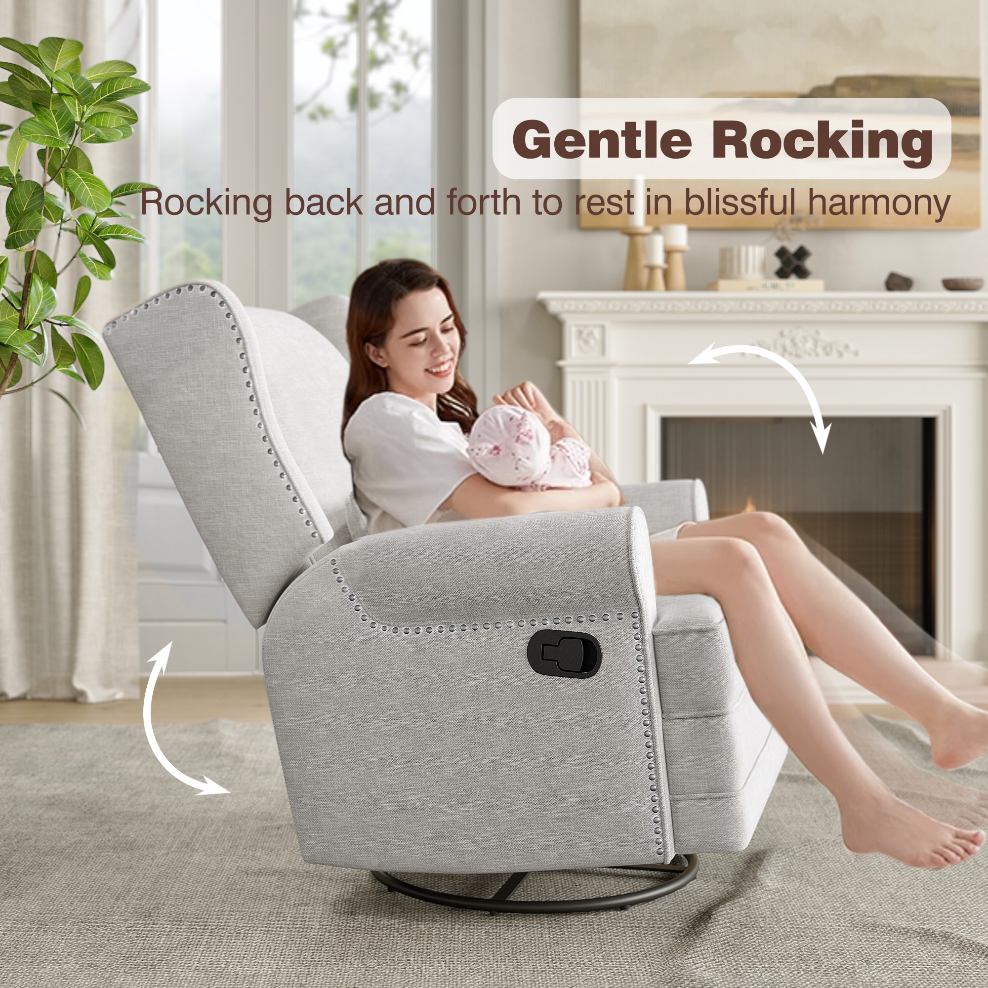Swivel Recliner Chair, Comfy Glider Rocking Chairs With Lumbar Pillow And Footrest, Upholstered Swivel Rocking Chair For Bedroom,Nursery,Light Gray_maomaolike.com